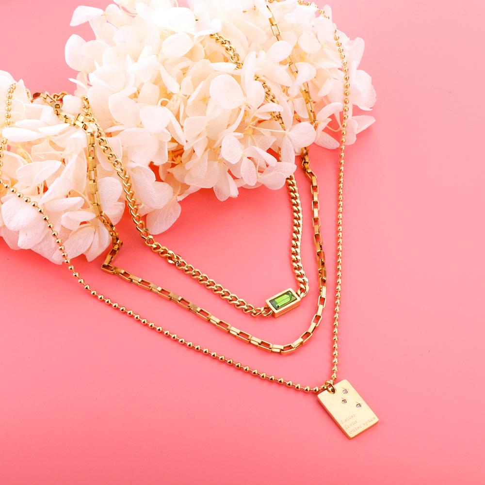 Statement Necklace No Fade Gold Color Stainless Steel Square Crystal Pendant Necklace Women Hiphop Layer Necklaces