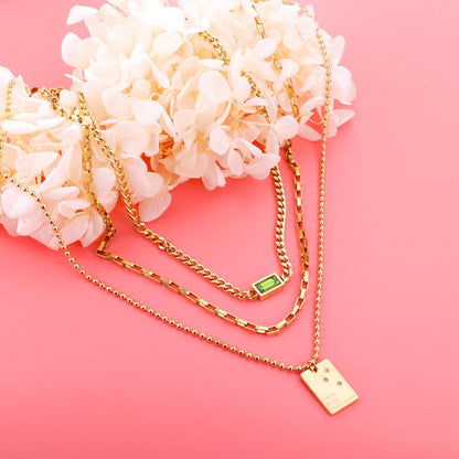 Statement Necklace No Fade Gold Color Stainless Steel Square Crystal Pendant Necklace Women Hiphop Layer Necklaces
