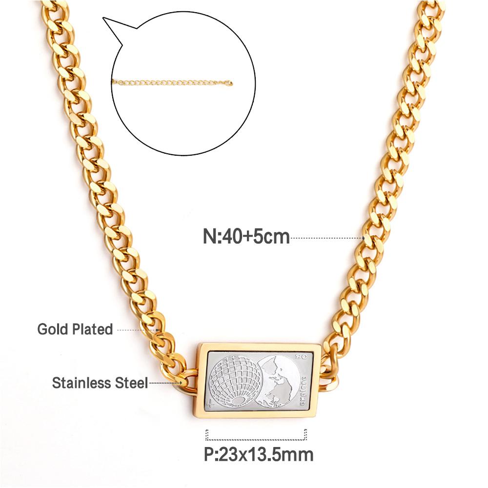 Cuban Chain With Square Pendant Fashion Decor For Woman Man Earth Design Pendant Thick Chain Peace Asethetic Collie