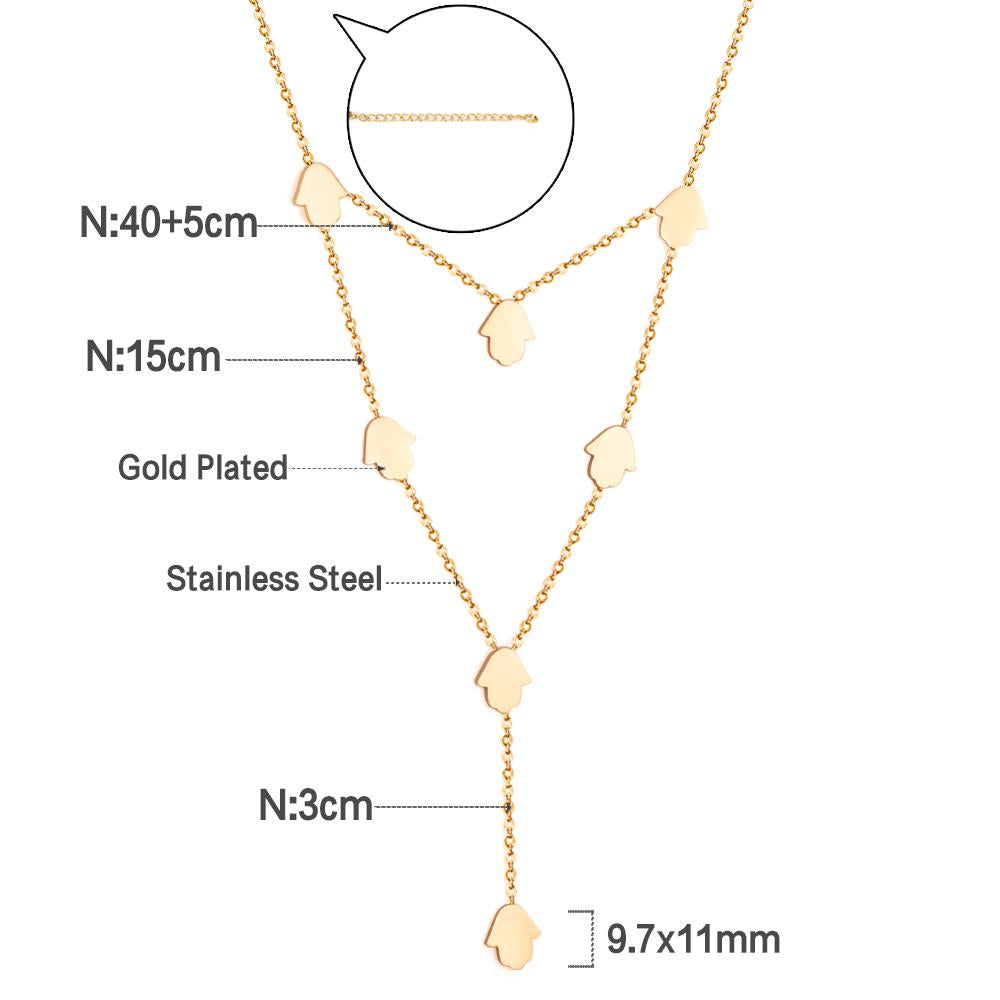 Hamsa Hand Charms Double Layer V Neck Pendant Necklace For Woman Stainless Steel Collier New 2022 Boho Fashion