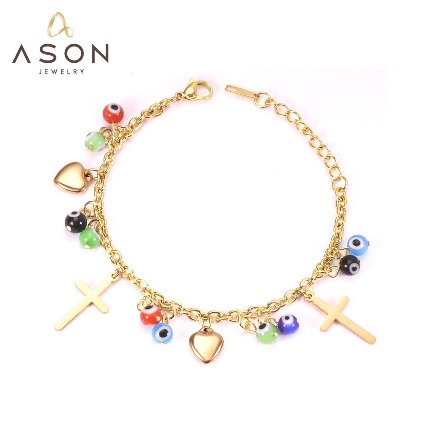 ASON Fashion Pendants Cross Eyes Heart Bracelets Gold Color Stainless Steel Link Chain Bracelet for Women Bohemia Jewelry
