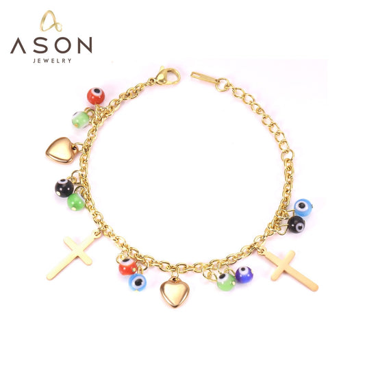 ASON Fashion Pendants Cross Eyes Heart Bracelets Gold Color Stainless Steel Link Chain Bracelet for Women Bohemia Jewelry