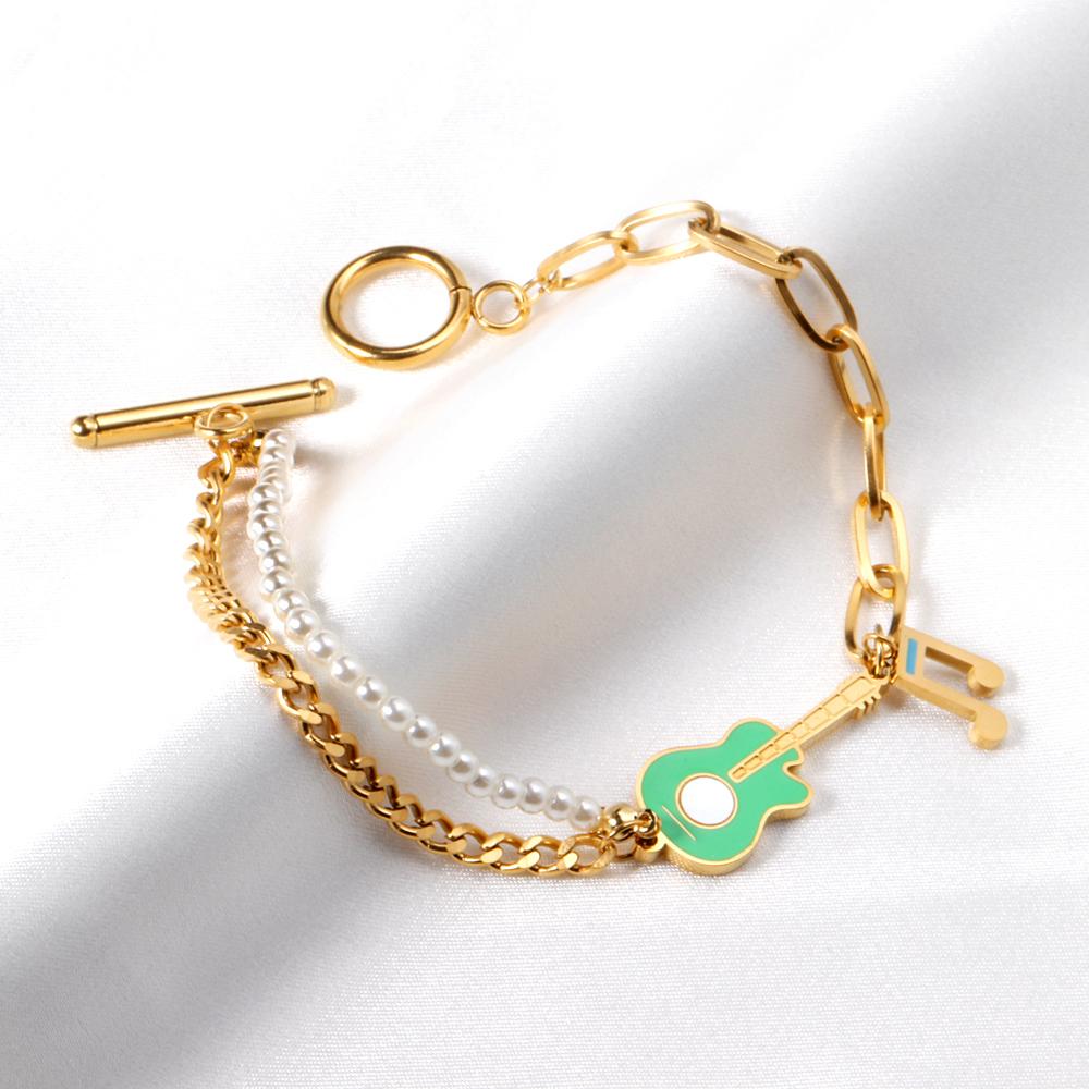 ASON Trendy Musical Notes and Guitar Charm Bracelet Gold Color Stainless Steel Bangle 18cm for Women Men Party Gift Jewelry