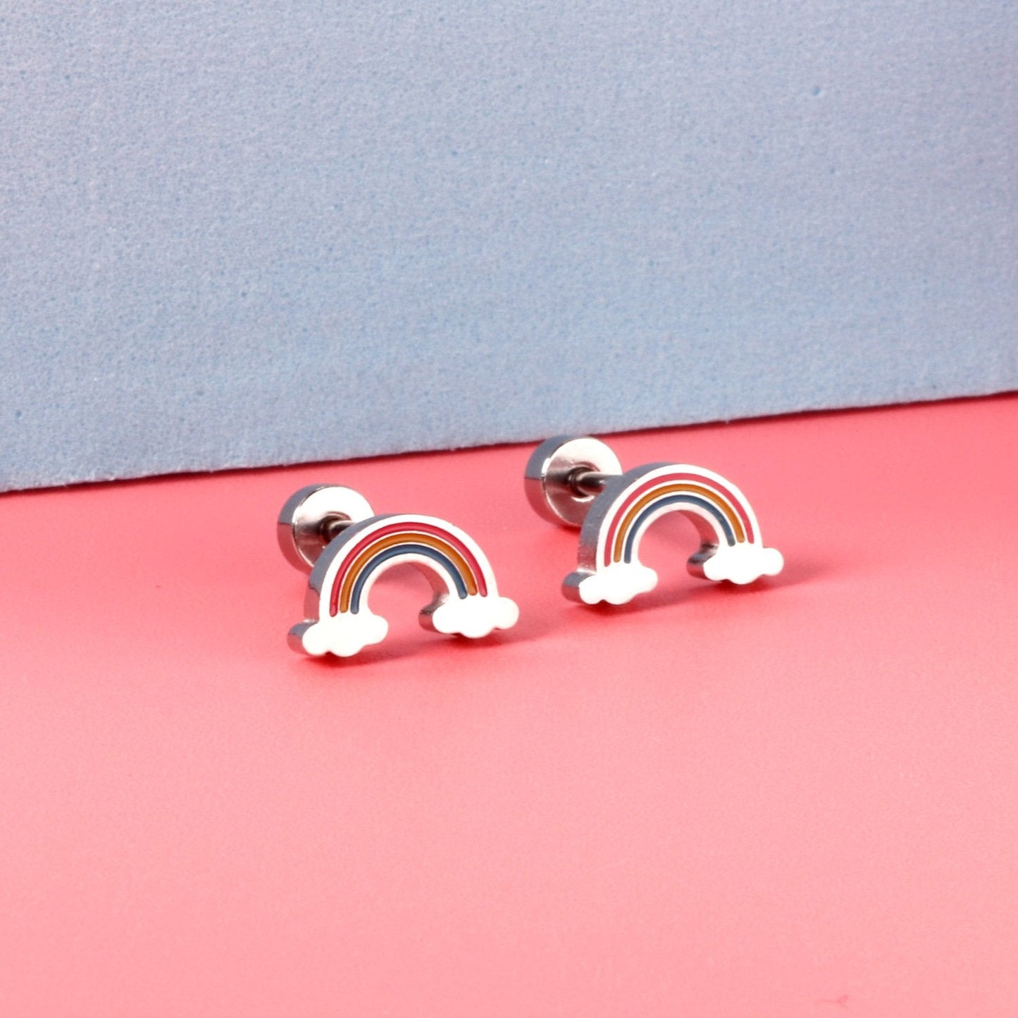 ASON Cute Children's Rainbow Small Piercing Stud Earrings Stainless Steel Gold Color for Girl Women Fashion Jewelry Gift