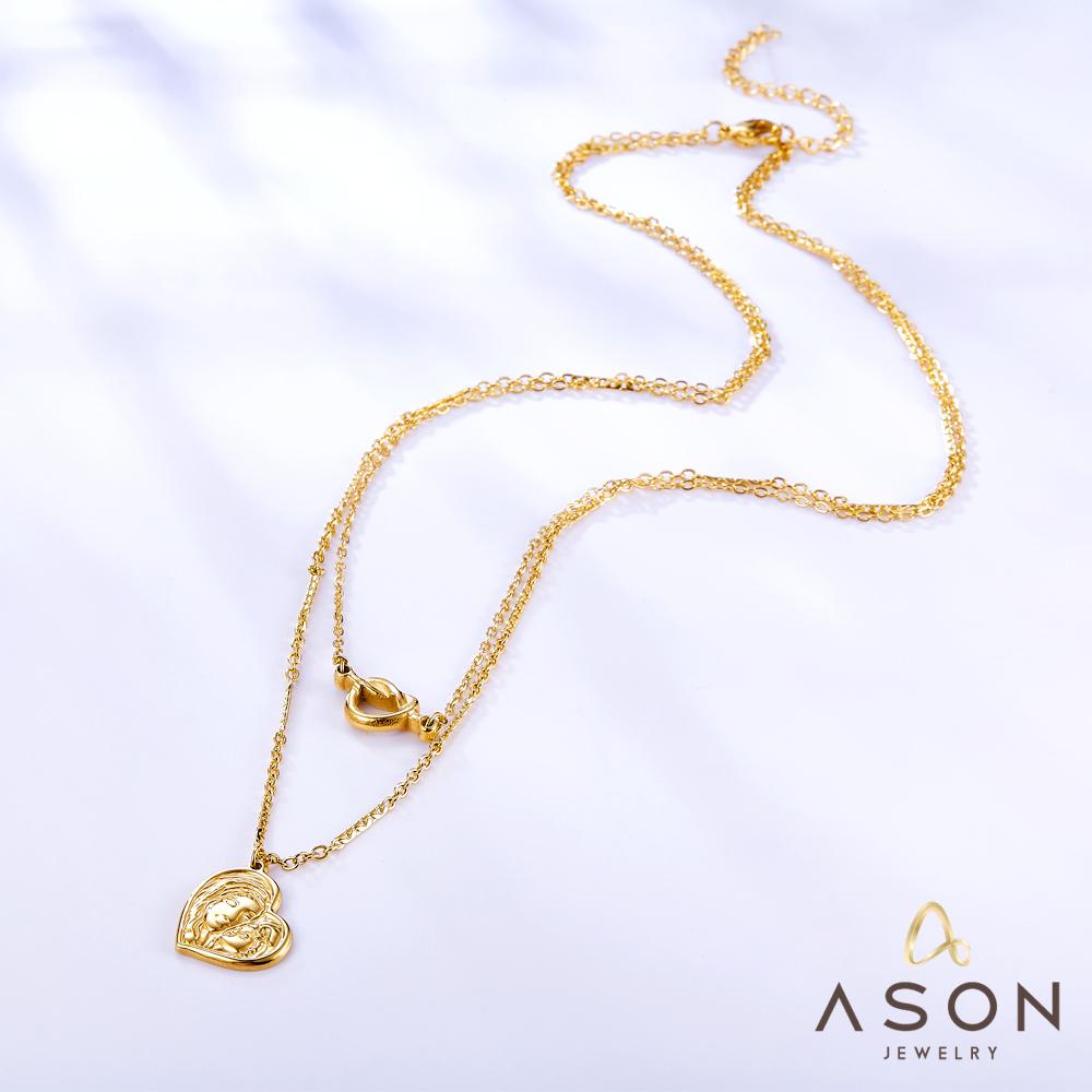 ASON Multi-Layer Pandents Necklace Gold Color Stainless Steel Mom And Son Hollow Out Heart Shape Necklace For Women Patty