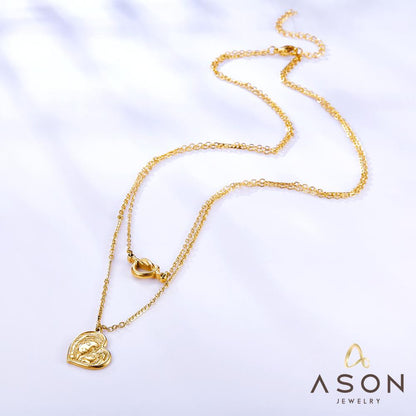 ASON Multi-Layer Pandents Necklace Gold Color Stainless Steel Mom And Son Hollow Out Heart Shape Necklace For Women Patty