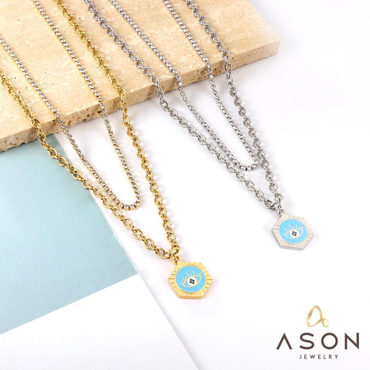 ASON Trendy Hexagon Blue Evil Eye Charm Pendant Necklace Gold Color Stainless Steel For Women Jewelry Chokers Boho Party