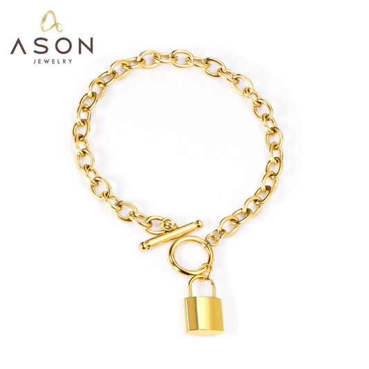 ASON Gold Color Key Lock Charm Pendant Punk Bracelet Stainless Steel Bangle for Women Men Party Gift Fashion Jewelry