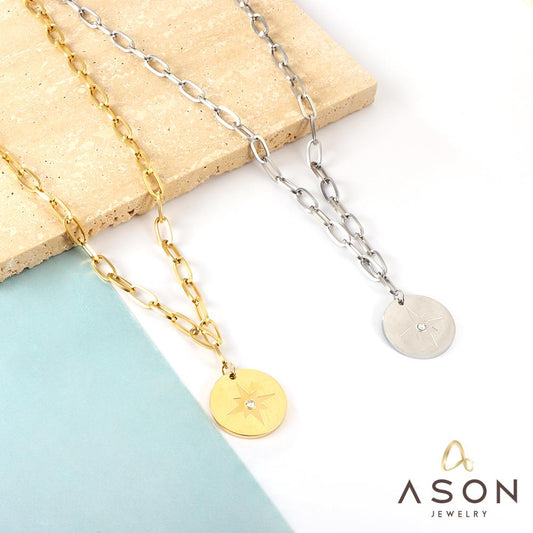 ASON Trendy Round Charm Luck Star Pendant Necklace Chains Gold Color Stainless Steel For Women Jewelry Chokers Simple Style