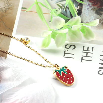 Enamel Girls Kids Jewelry Cute Crystal Strawberry Pendant Necklace for Women Stainless Steel Waterproof Sweet Choker Birthday Gifts