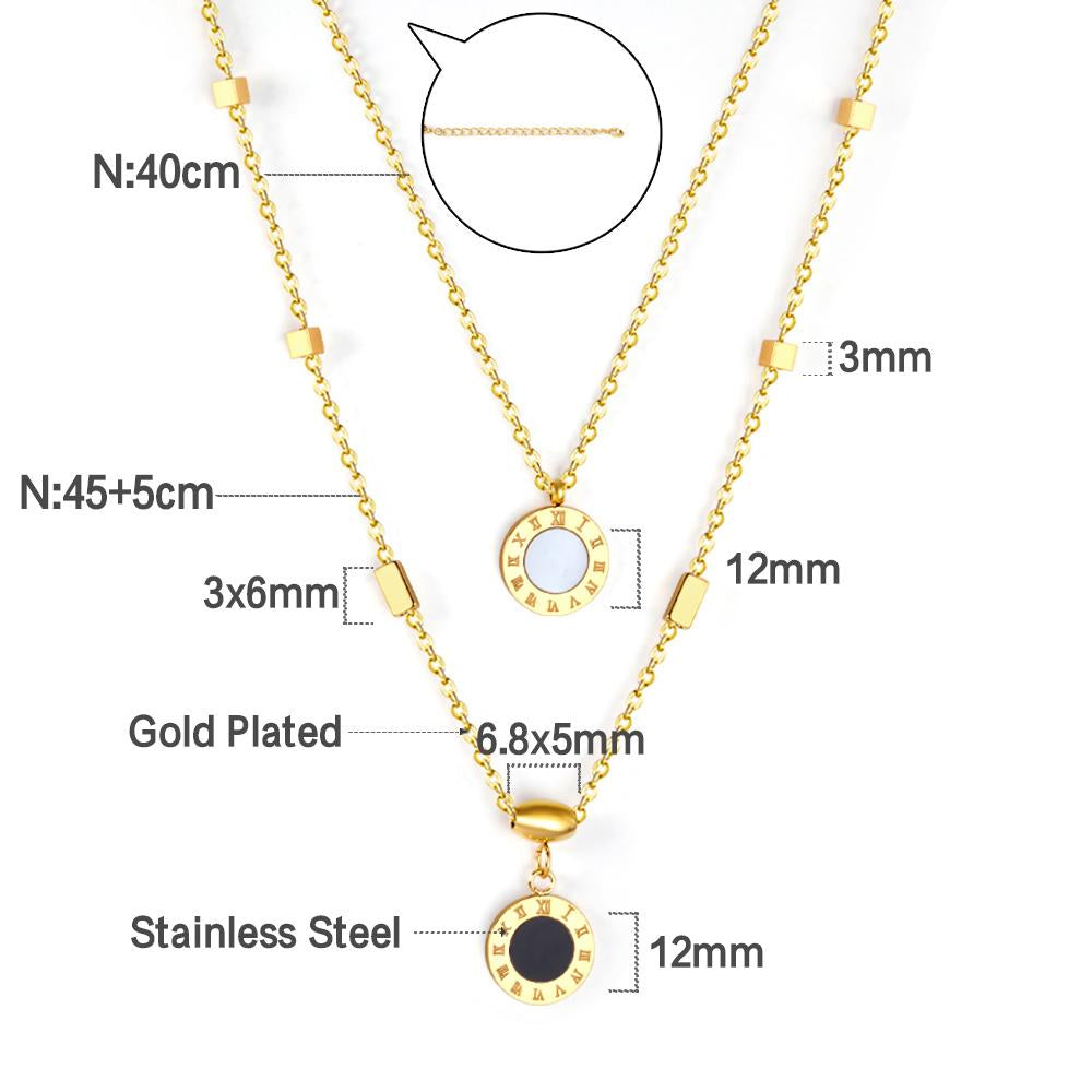 New Design Romantic Double Pendant Necklace For Women Design Roman Numerals Trendy Black And White Shell Collier