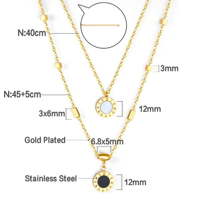 New Design Romantic Double Pendant Necklace For Women Design Roman Numerals Trendy Black And White Shell Collier