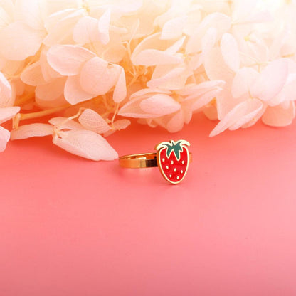 ASON Trendy Style Cute Strawberry Shape Circle Ring Gold Color Stainless Steel For Women Jewelry Accessory Daily Wear Patry
