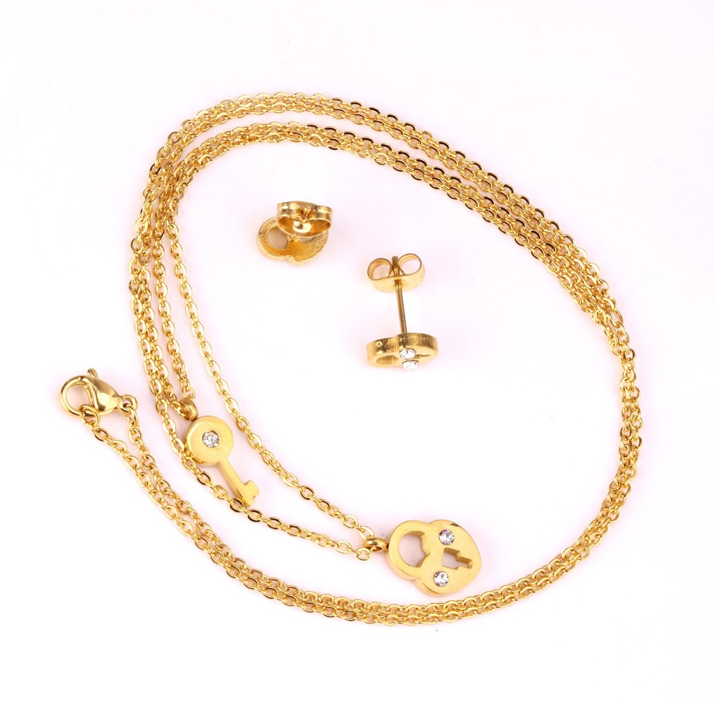 New Heart Lock With Key Earrings Pendant Necklace Sets Stainless Steel Wedding Jewellry Party Gift parures bijoux