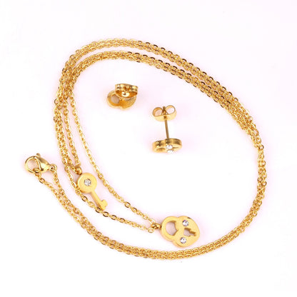 New Heart Lock With Key Earrings Pendant Necklace Sets Stainless Steel Wedding Jewellry Party Gift parures bijoux
