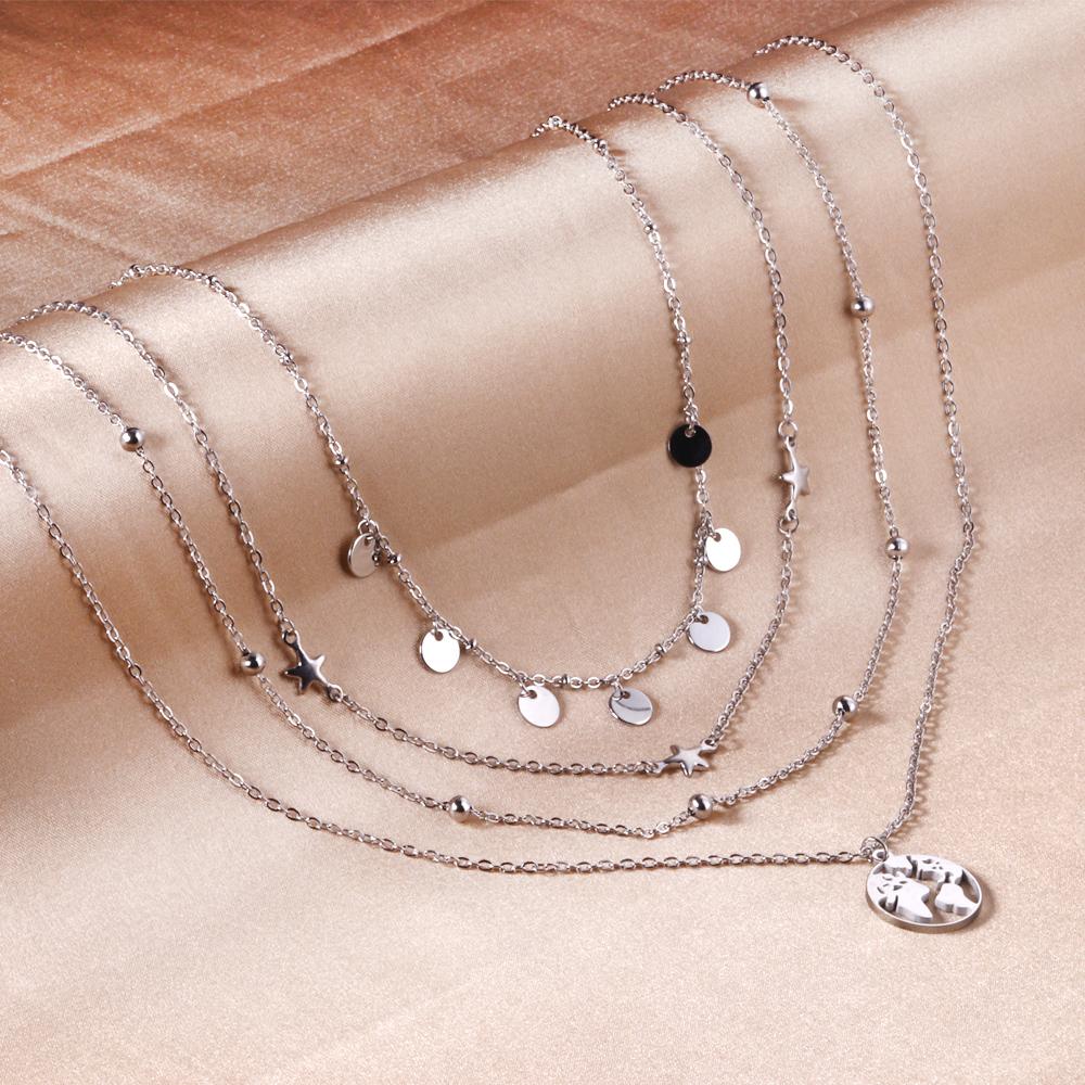 Multi-Layer Chain Necklace Bohemia Choker Beach Style Vintage Collier Stainless Steel No Fade Star Round Charm