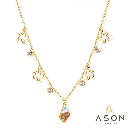 ASON Gold Color Conch and Star Pendant Chain with Cubic Zirconia Stainless Steel Necklace for Women Jewelry Accessories