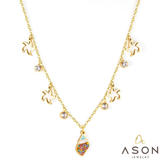 ASON Gold Color Conch and Star Pendant Chain with Cubic Zirconia Stainless Steel Necklace for Women Jewelry Accessories