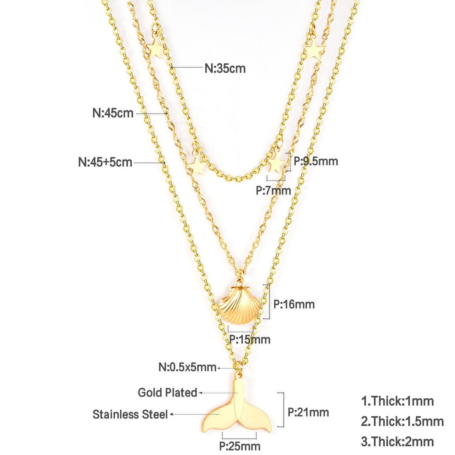 ASON 316L Stainless Steel Shell Fish Tail Pendant Multi Layer Necklace Star Choker for Women Party Gift Fashion Jewelry