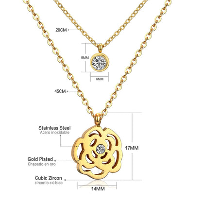 ASON Double Round Flower Pendant Necklaces Stainless Steel Link Chain Necklaces For Women Gold Color Accessories Chokers