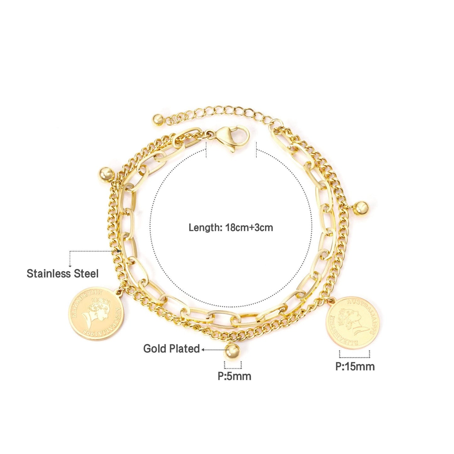 ASON Gold Color Multi-layer Bracelet with Coin Charm Stainless Steel Bangle Bracelets with Lobster Clasp Extender for Women