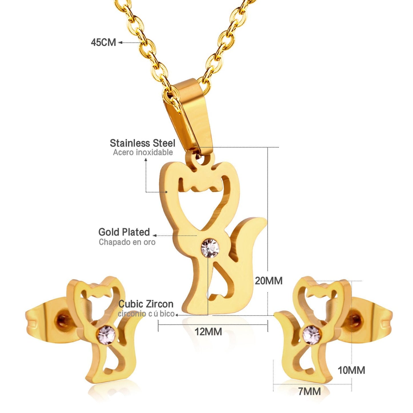 Stainless Steel Little Fox With Cubic Zirconia Necklace Earrings Set Woman Wedding Jewelry Sets Anniversary Present