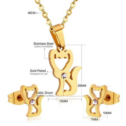 Stainless Steel Little Fox With Cubic Zirconia Necklace Earrings Set Woman Wedding Jewelry Sets Anniversary Present