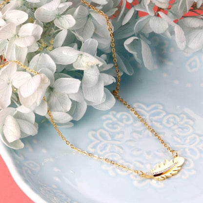 ASON Gold Color Feather Pendant Necklace with Rhinestone Stainless Steel Chain for Women Jewelry Gift Accessory Chokers