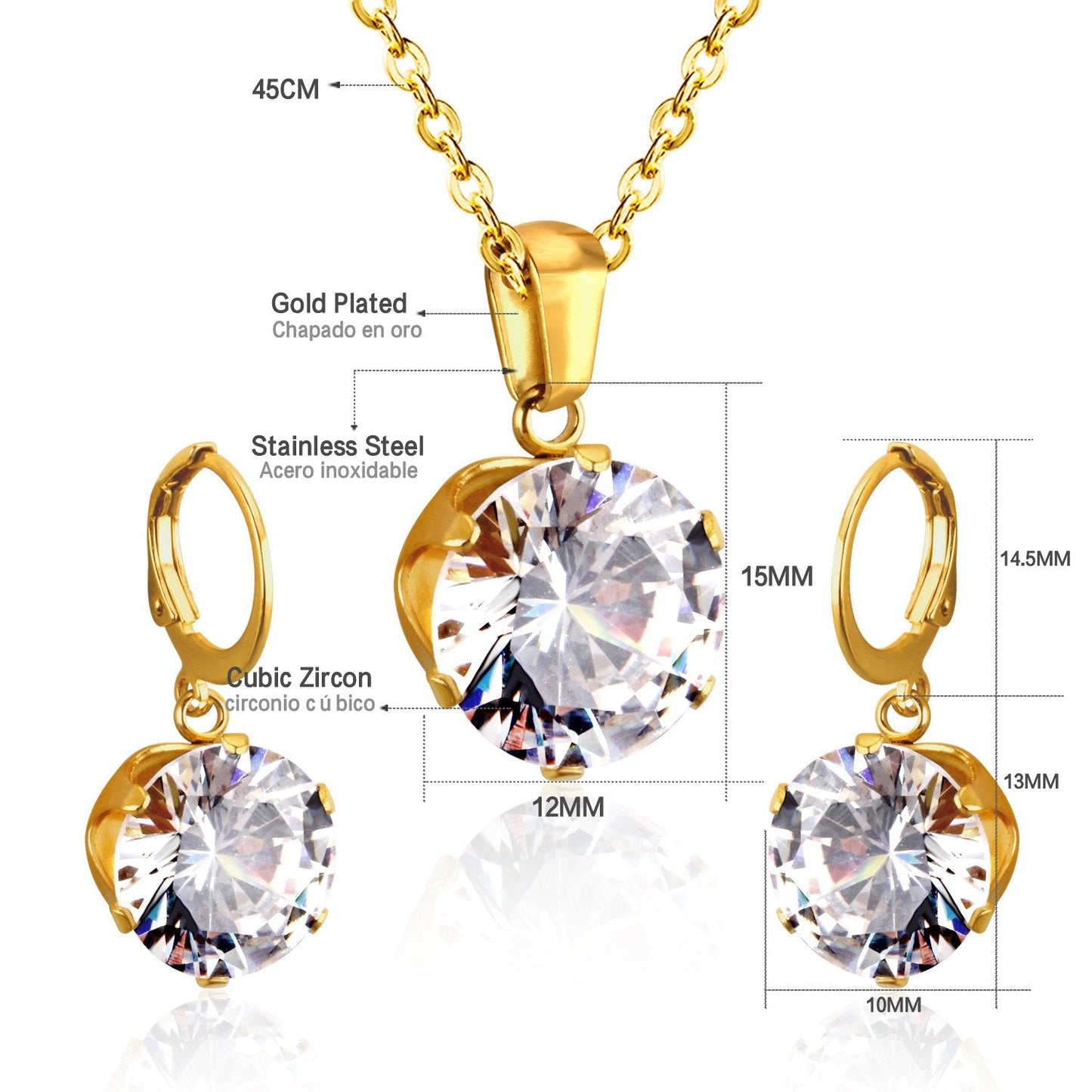 ASON Bridal Jewelry Sets Round Cubic Zirconia Pendants Stainless Steel Drop Earring Fashion Accessories Mujer Party Wedding