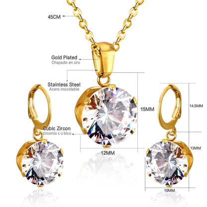 ASON Bridal Jewelry Sets Round Cubic Zirconia Pendants Stainless Steel Drop Earring Fashion Accessories Mujer Party Wedding