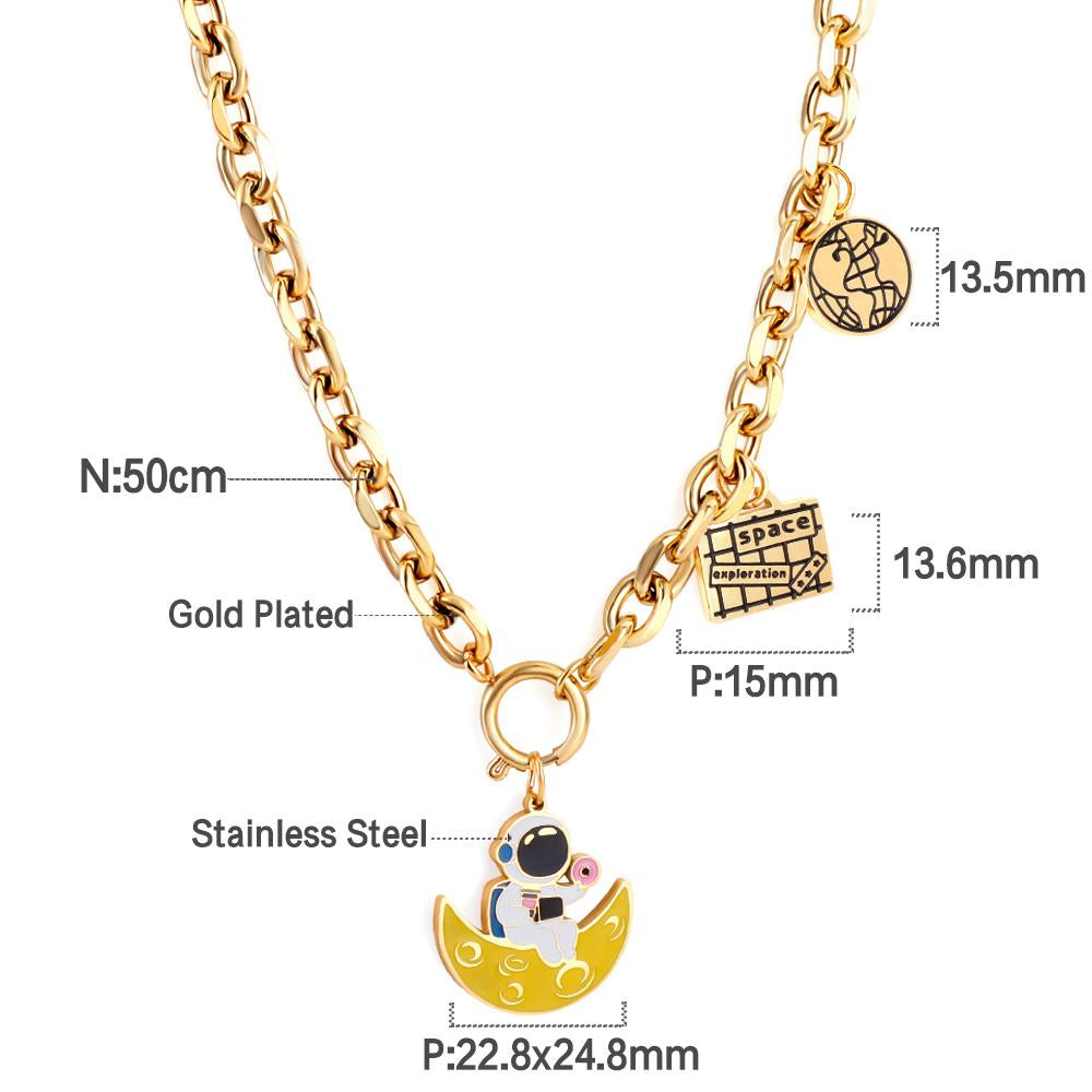 Cute Yellow Astronaut Charms Pendant Necklace For Kids Man Thick Cuban Chains With Geometric Charms Link Chains