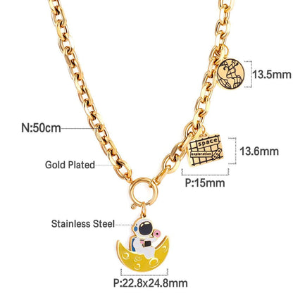 Cute Yellow Astronaut Charms Pendant Necklace For Kids Man Thick Cuban Chains With Geometric Charms Link Chains