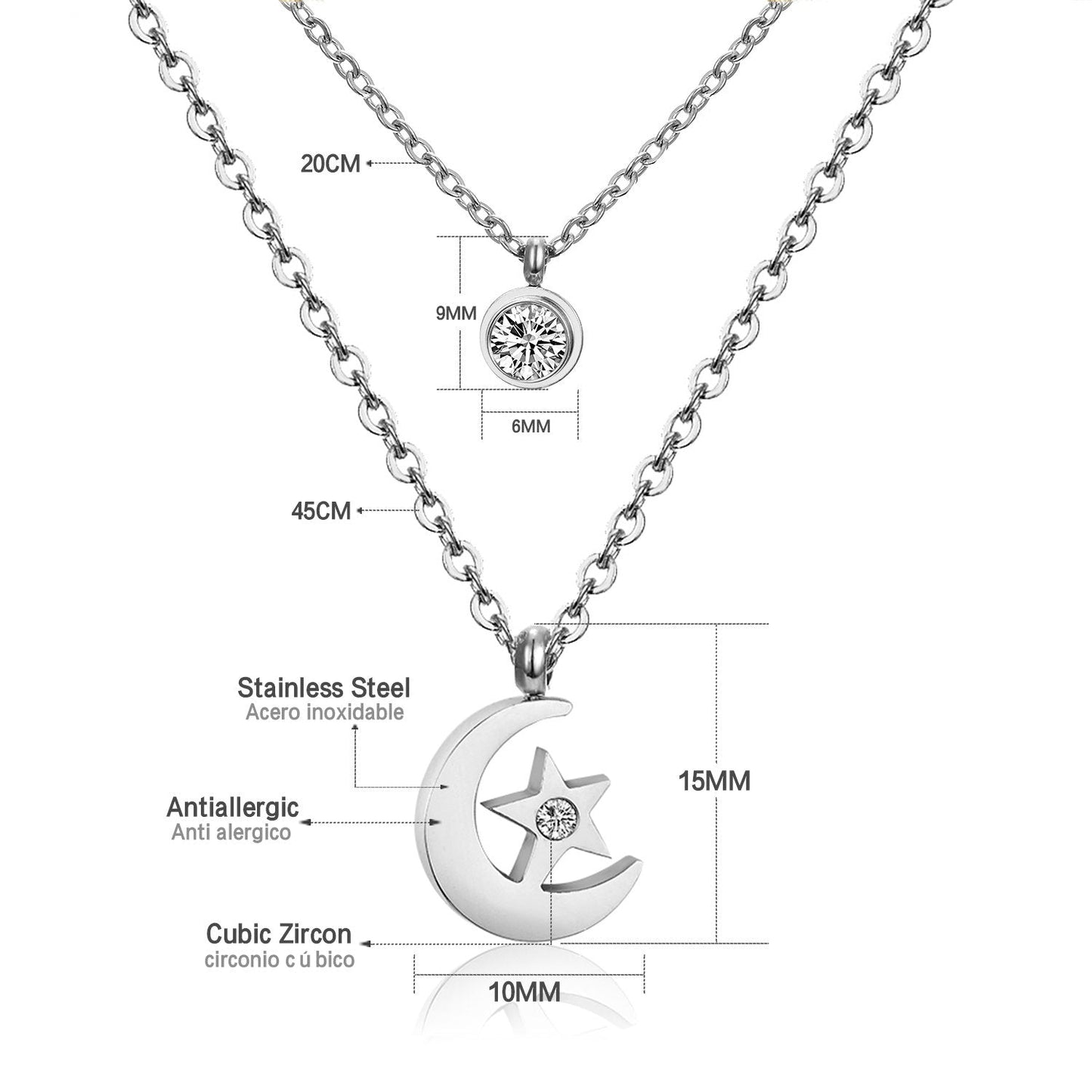 ASON Moon Star Pendant Necklaces Stainless Steel Gold Color Double Chain Necklace Statement Jewelry Wholesale Party Gift