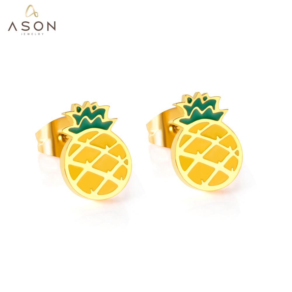ASON Gold Color Fruit Cartoon Stud Earrings 316L Stainless Steel Pineapple Shape Earrings for Women Fashion Jewelry Gift