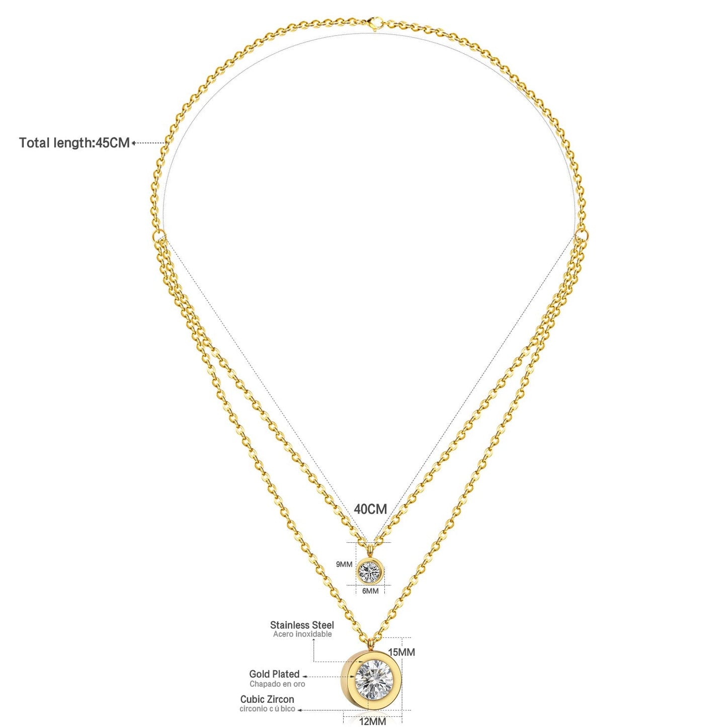 ASON Classic Style Round Cubic Zirconia Stainless Steel Multi-layer Chains Pendants Necklaces For Women Wedding Wholesale