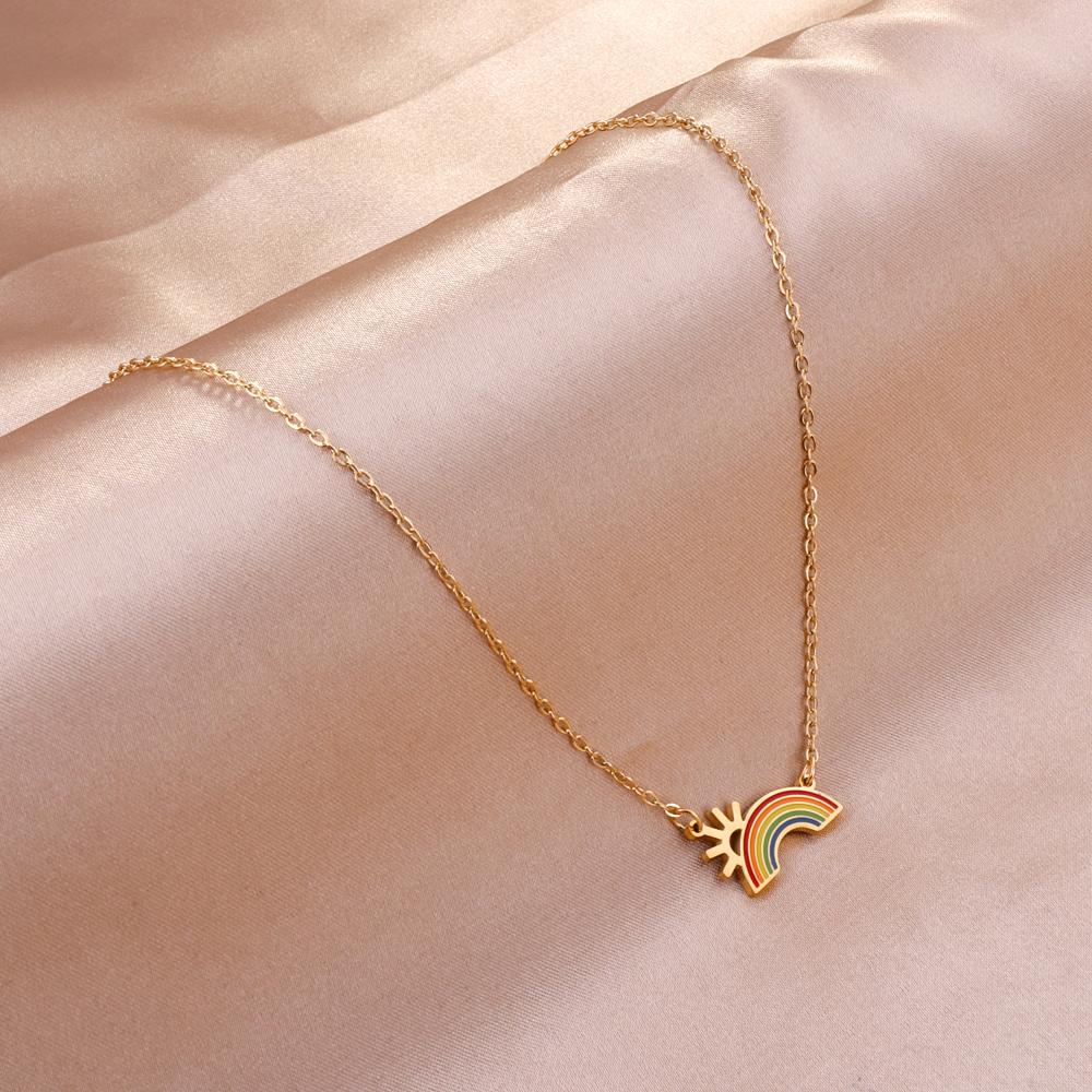 Rainbow Pendant Necklace For Girls Birthday Gifts Summer Lucky Jewelry Colorful Rainbow Charms Collares For Woman