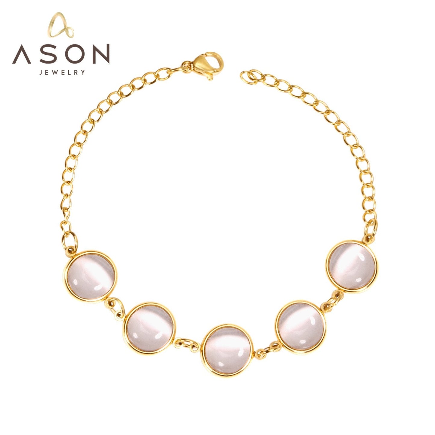 ASON Trendy Opals 20cm Chain Bracelet Bangle Gold Color Stainless Steel for Women Accessories Jewelry Mujer Daily Wear