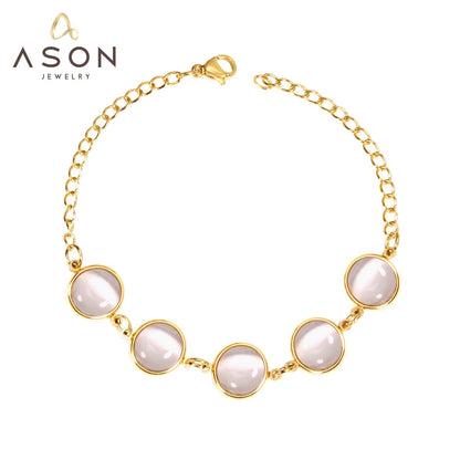 ASON Trendy Opals 20cm Chain Bracelet Bangle Gold Color Stainless Steel for Women Accessories Jewelry Mujer Daily Wear