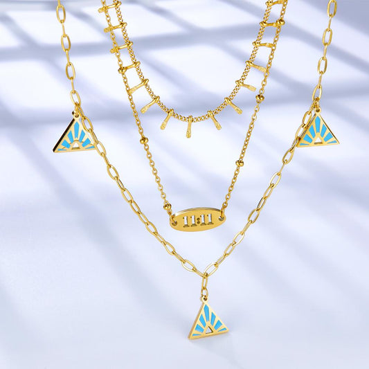 Three-Layered Necklaces Blue Pyramid Pendant For Women Gilrs Gold Color Stainless Steel Choker Elegant Neck Collar
