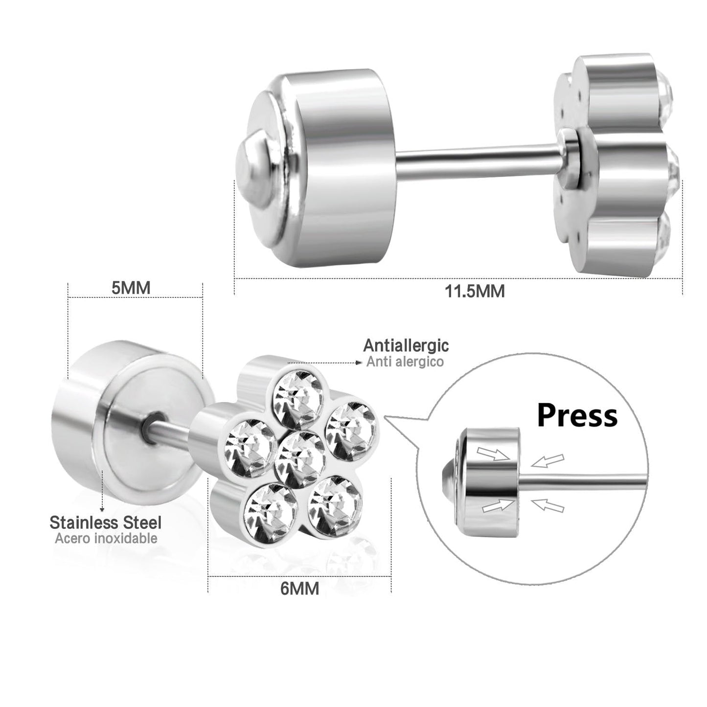 ASON White Crystal Earrings for Women/Kid Stainless Steel Flower Shape Silver Color Earring Fashion Jewelry Daily Wear