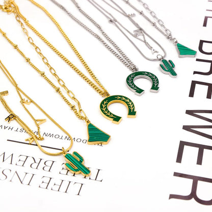 Green Pendant Collier For Woman Cactus Triple Necklace Trendy Products Gifts For Friend Couple Link Chain Necklace