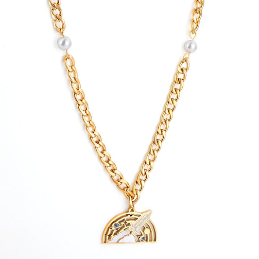 Moon With Cute Astronaut Design Elegant Chain With Imiatation Pearl Double Layer Jewelry On Neck Statement Collier