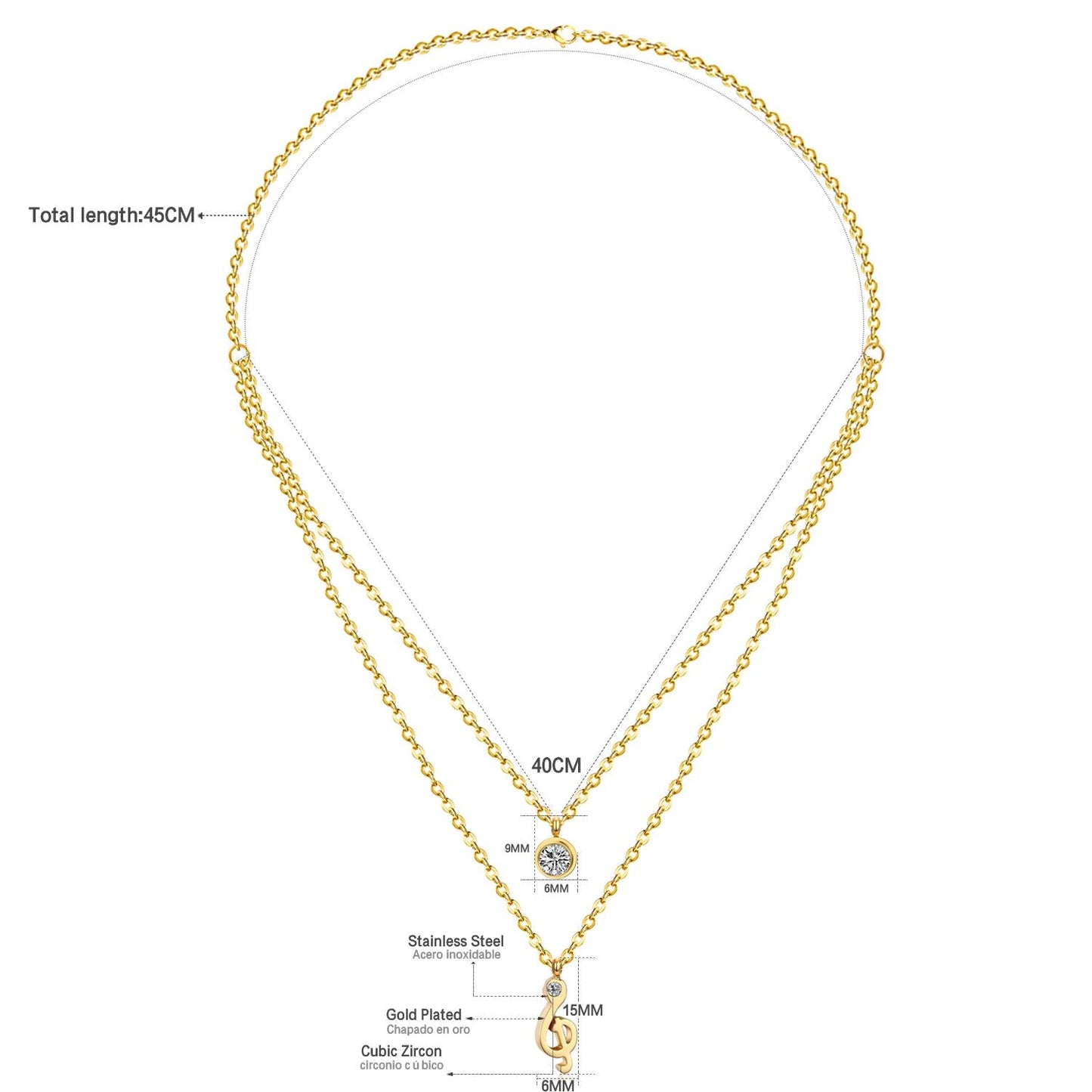 ASON Jewelry Gold Color Double Chain Necklaces Collars Jewelry Stainless Steel Round Cubic Zirconia Daily Pendants Chokers