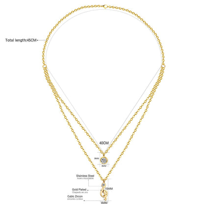 ASON Jewelry Gold Color Double Chain Necklaces Collars Jewelry Stainless Steel Round Cubic Zirconia Daily Pendants Chokers