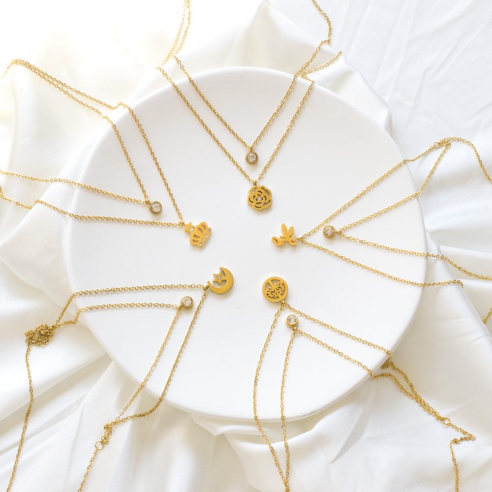Double Layer Chain Pendants Necklaces For Women Girls Gold Color Silver Tone Stainless Steel CZ Crystal Round Choker