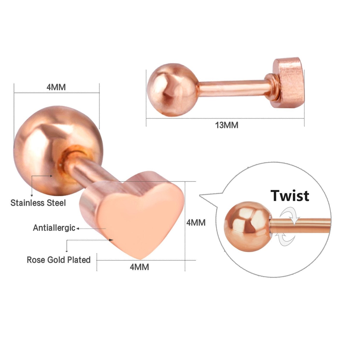 ASON Rose Gold/Black Stud Earrings Heart Stainless Steel Women Earrings Jewelry Gift Accessories,Anti-allergy