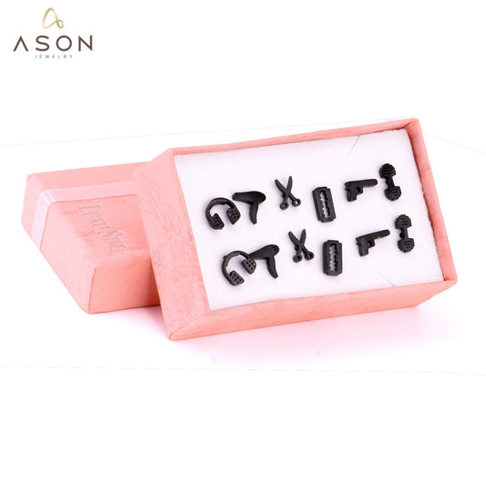 ASON 6Pairs/Box Titanium Earrings Hiphop Jewelry Stainless Steel Mixed Shape Black Color Piercing Stud Earrings Men Women