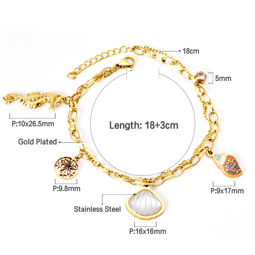 ASON Gold Color Shell Ocean Series Charm Bracelet 316L Stainless Steel 18+3cm Bangle for Women Fashion Jewelry Party Gift