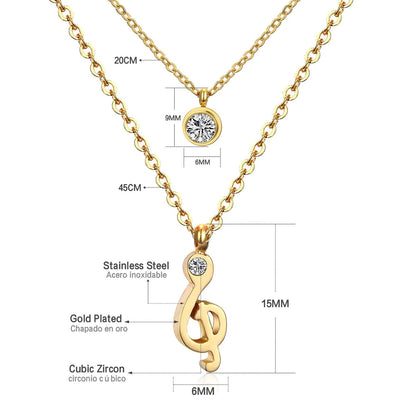 ASON Jewelry Gold Color Double Chain Necklaces Collars Jewelry Stainless Steel Round Cubic Zirconia Daily Pendants Chokers