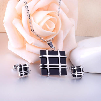Jewelry Sets Stainless Steel Square Shape Pendant Necklace Earring For Women Chain Necklace Female Jewelry Collier
